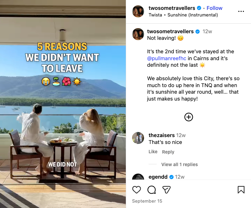 A Reel on Instagram showing a tour of the Pullman Reef Hotel Casino in Cairns 