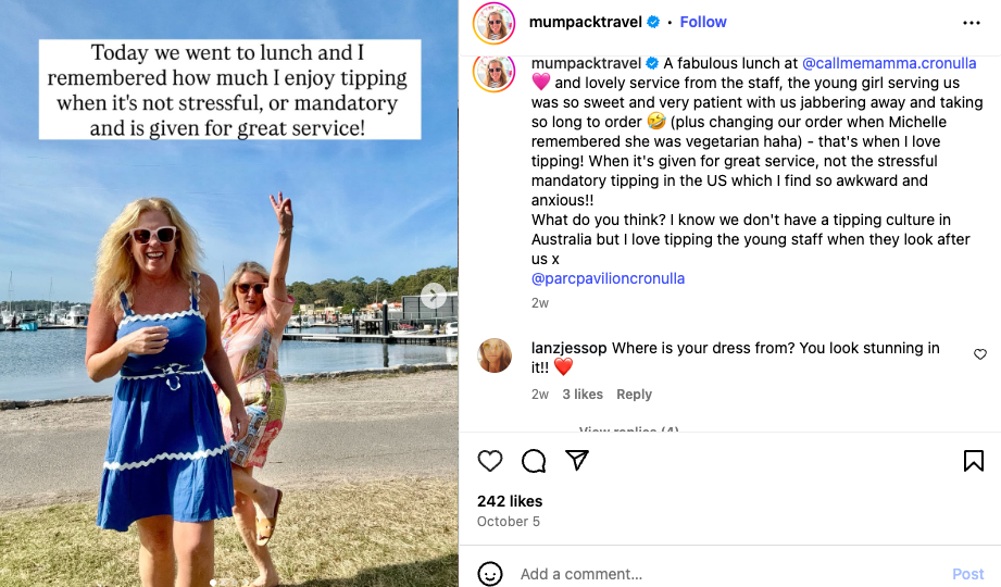 Evie shares an Instagram carousel of her and her daughter’s adventure to a cafe in Cronulla 