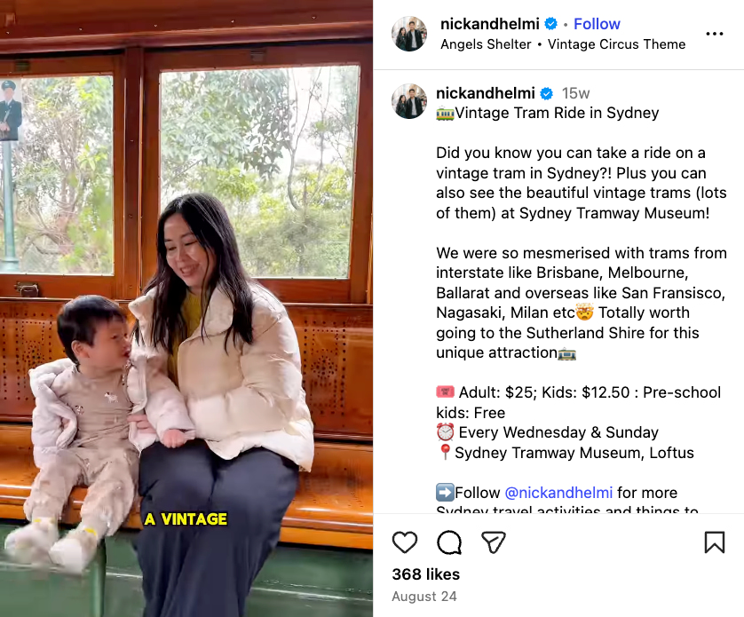 Nick and Helmi share an Instagram Reel taking followers aboard a Vintage Tram ride at the Sydney Tram Museum 