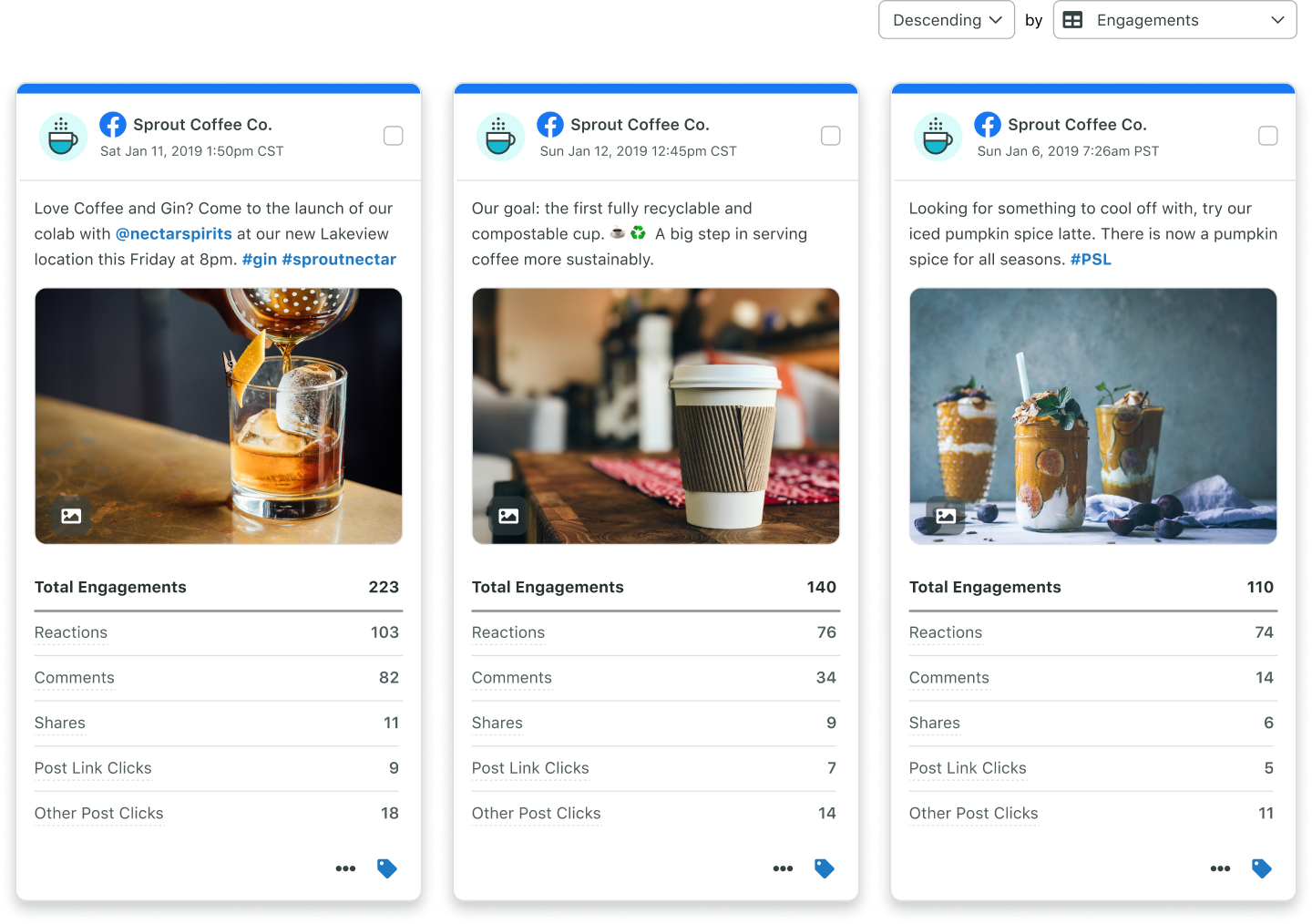 Le rapport Sprout de performance des posts sur plusieurs réseaux indique quels sont vos posts les mieux classés, avec leur taux d'engagement et leurs mesures de performance clés.​​ 