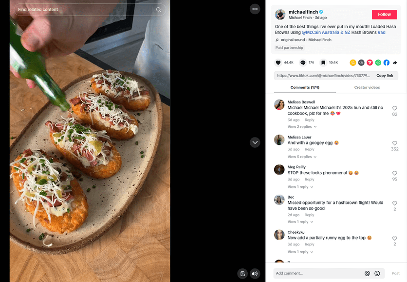 A TikTok post from Michael Finch in collaboration with McCain Australia & NZ, showcasing a loaded hashbrown recipe.