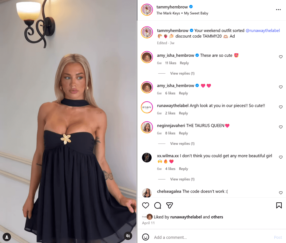 An Instagram post from Tammy Hembrow in collaboration with Runaway The Label. In the caption, she includes her discount code TAMMY20.