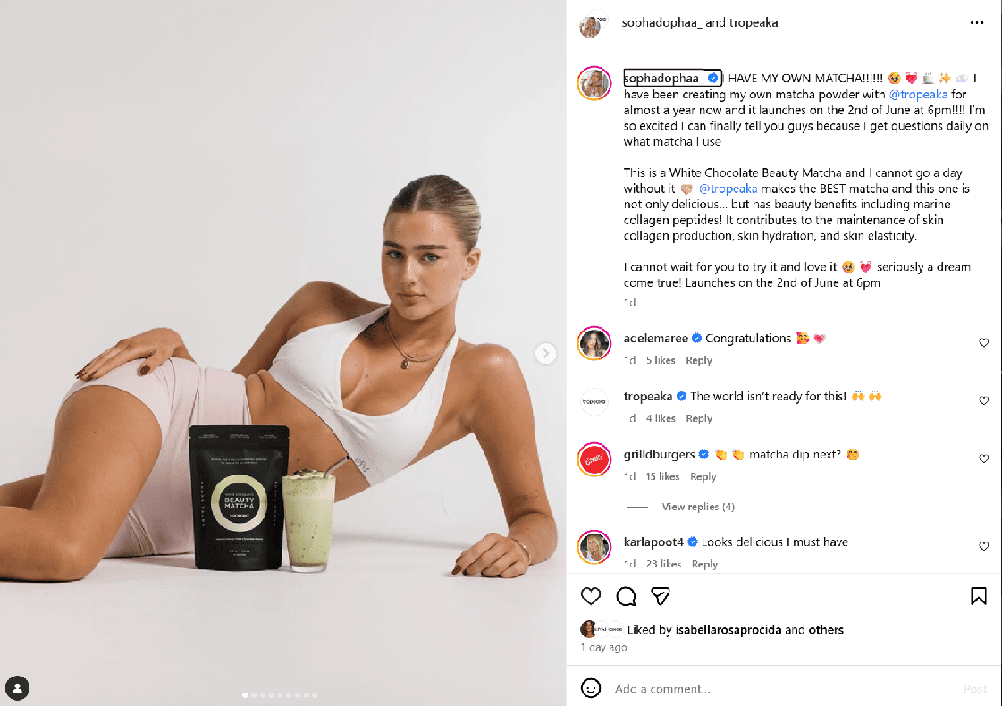 An Instagram post from Sopha Dopha and Tropeaka announcing the launch of a new matcha powder.