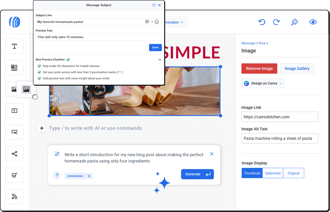 Aweber’s email builder, with features like a best practices checklist and generative AI writing tools