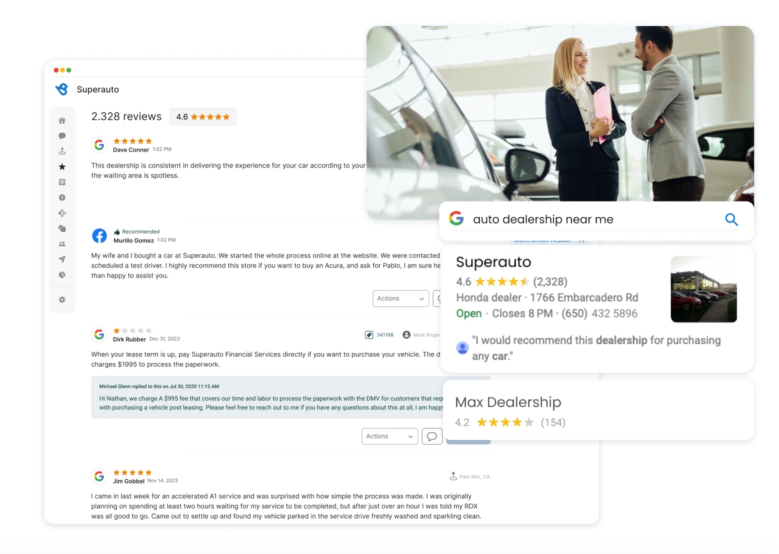 Birdeye’s review management features, which shows a centralized dashboard, example reviews, and responses.