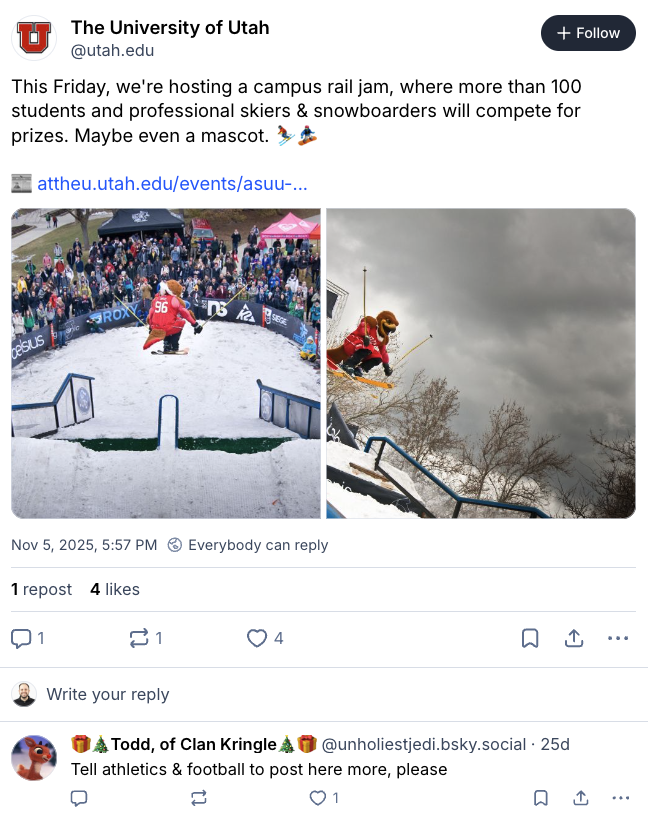 Snow skiing photos and a comment asking for more sports and football content 
