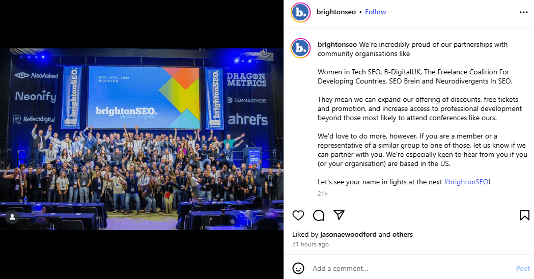 An Instagram post from BrightonSEO promoting the event's partnerships and its upcoming 2025 event