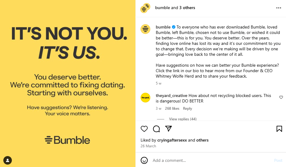 Bumble managed their crisis on socials