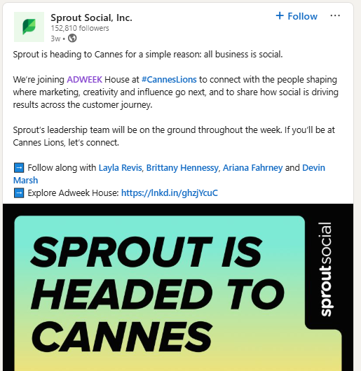 A LinkedIn social post from Sprout Social promoting their attendance at ADWEEK House at CannesLion 2025