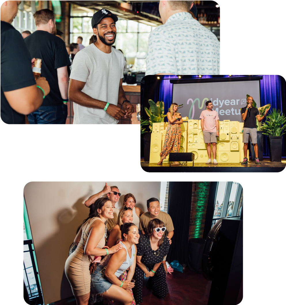 Snapshots of Sprout employees smiling and enjoying an in-person company event.