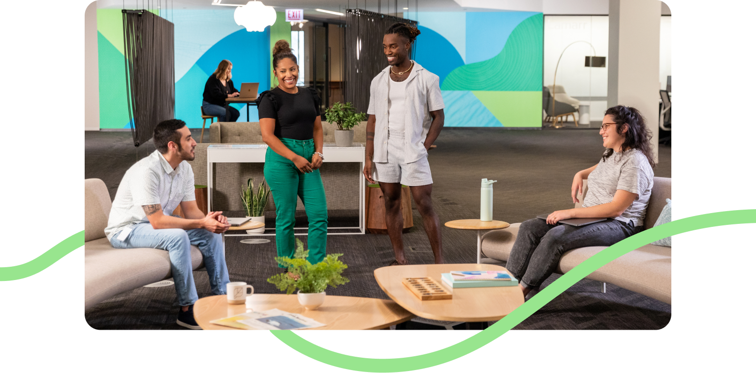 Diverse Sprout employees smiling at work together in the office and at home with their families.