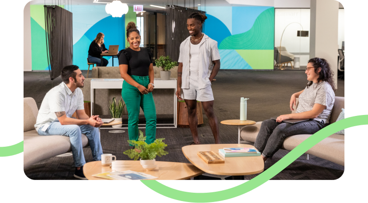 Diverse Sprout employees smiling at work together in the office and at home with their families.