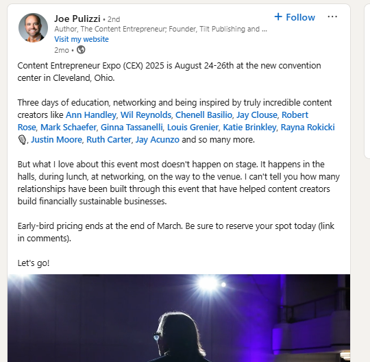 A social post from Joe Pulizzi about CEX 2025 and its new convention center location in Cleveland, Ohio