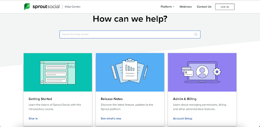 Sprout's Help Center homepage with tiles and search bar for addressing any problems or questions customers have about the product.