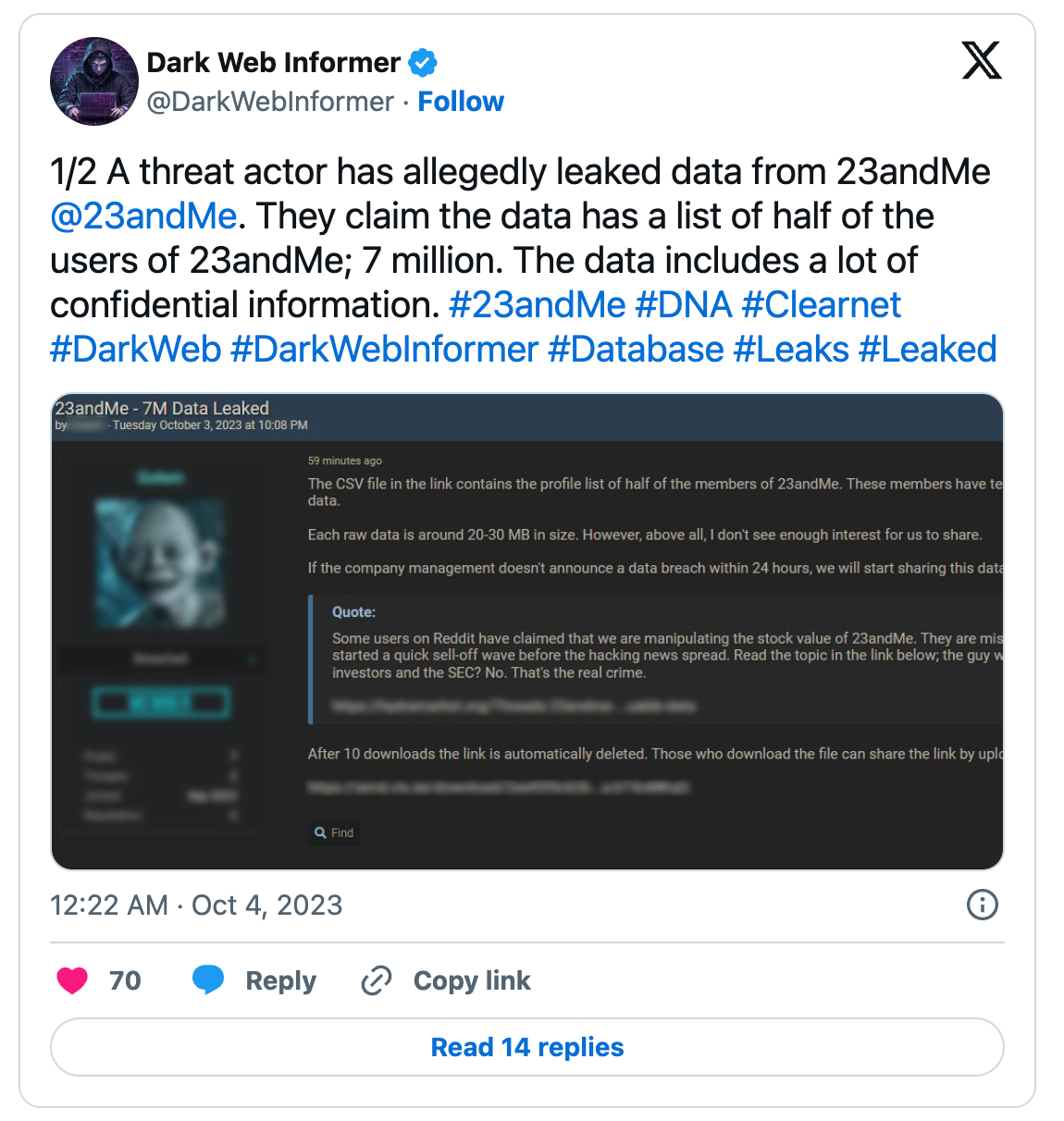 A tweet talking about a 23andMe cybersecurity breach