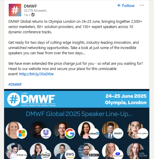 A social post by DMWF that promotes the DMWF London event happening on June 24-25 2025