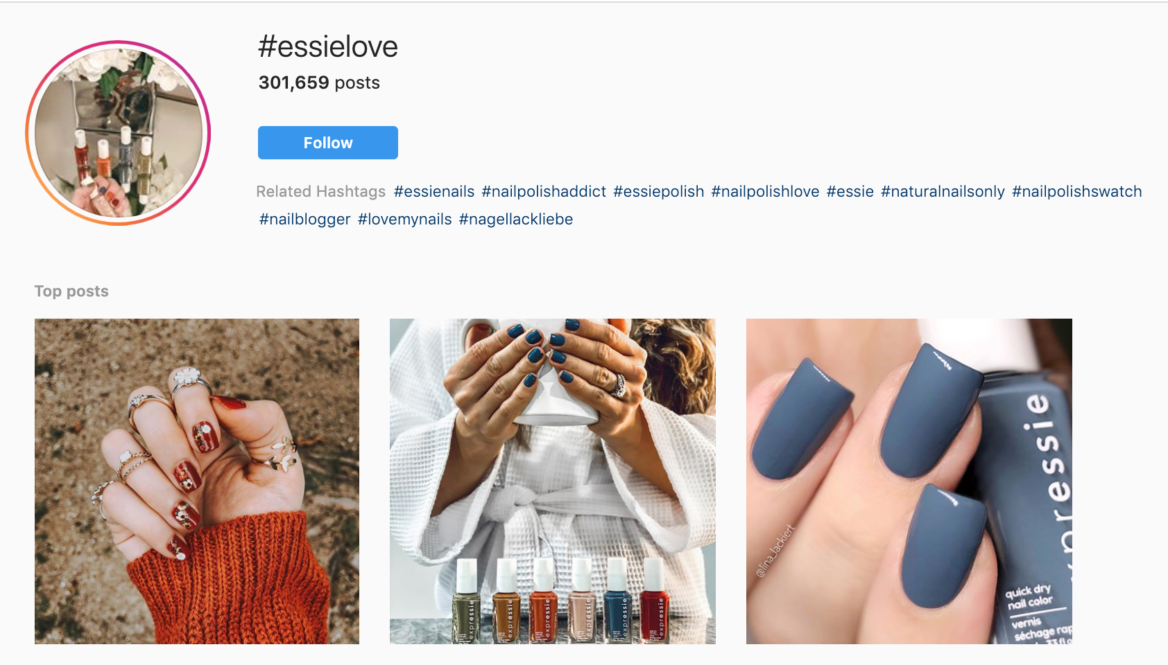Screenshot of the #essielove hashtag on Instagram featuring thousands of images of customers using Essie nail polish.