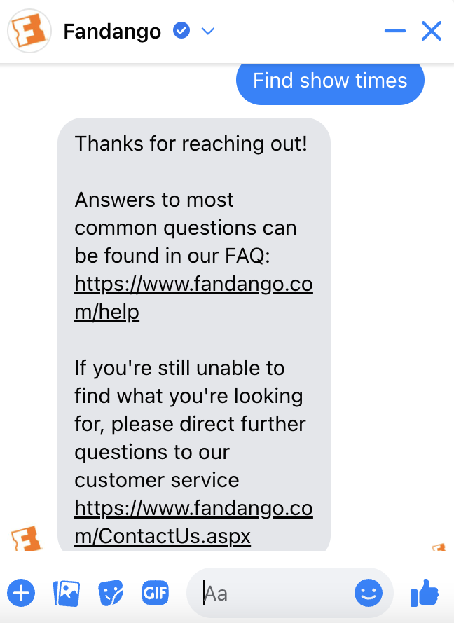 The Fandango chatbot instantly responds to an inquiry in their Facebook DMs