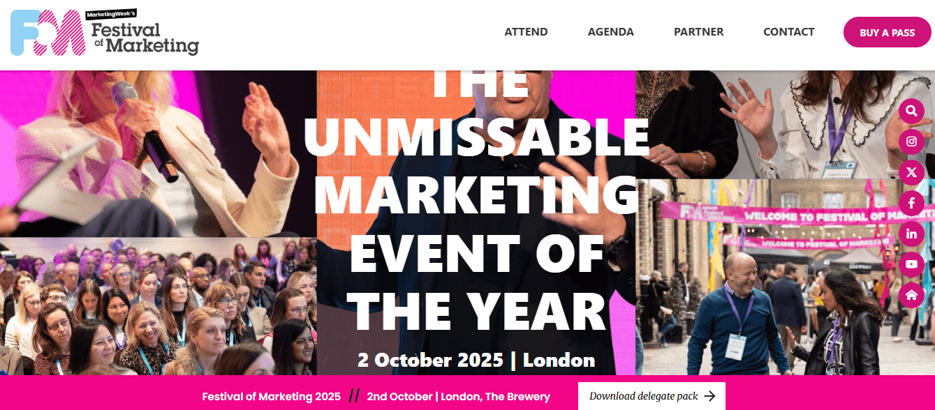 The Festival of Marketing 2025 website, promoting its London location and the event's date of October 2