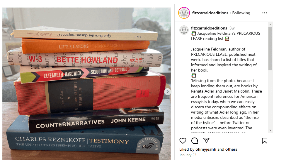 Fitzcarraldo Editions promoting books to their Instagram followers 