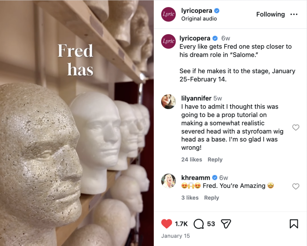 A Reel from Lyric Opera about Fred, a styrofoam head they turned into a character for social