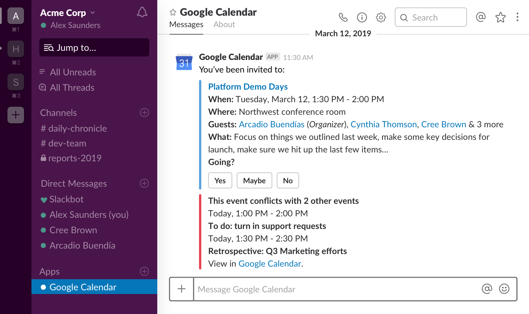 A Slack instance set up for the fictional brand "Acme Corp".