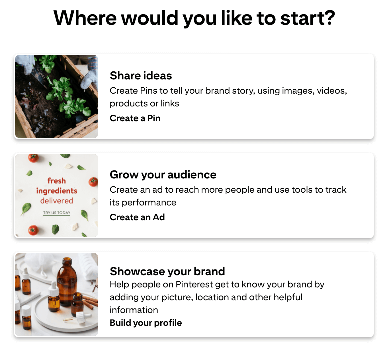 An onboarding questionnaire asks “Where would you like to start?” with options like “Grow your audience.”