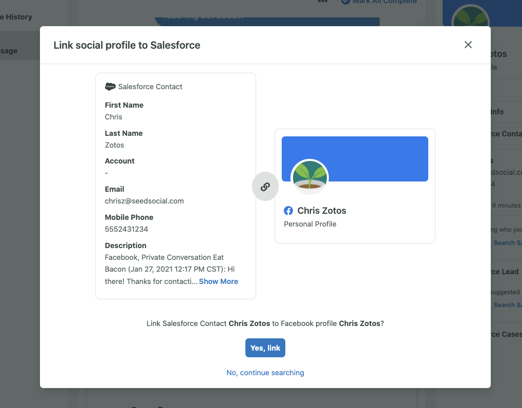 The Link Social profile to Salesforce window open in Sprout Social, which allows users to link Salesforce contacts to social profiles.