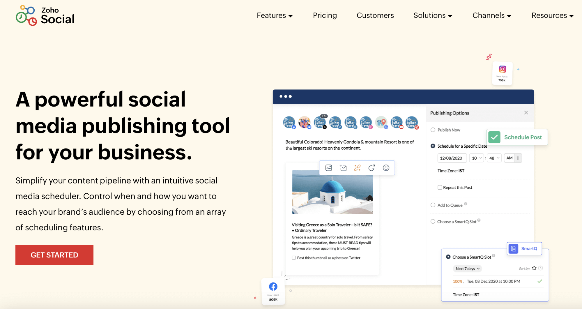 A Zoho Social landing page featuring the tagline “A powerful social media publishing tool for your business”