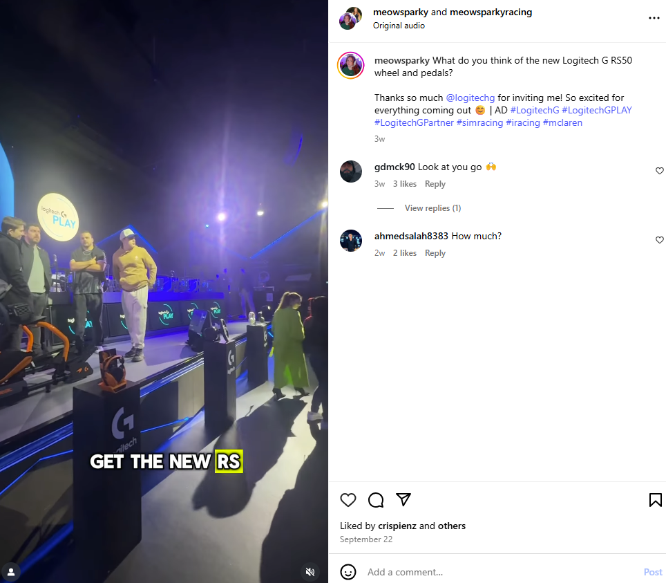 An Instagram post by NZ gaming and streaming influencer Ally, showing her attending a Logitech presentation at a convention