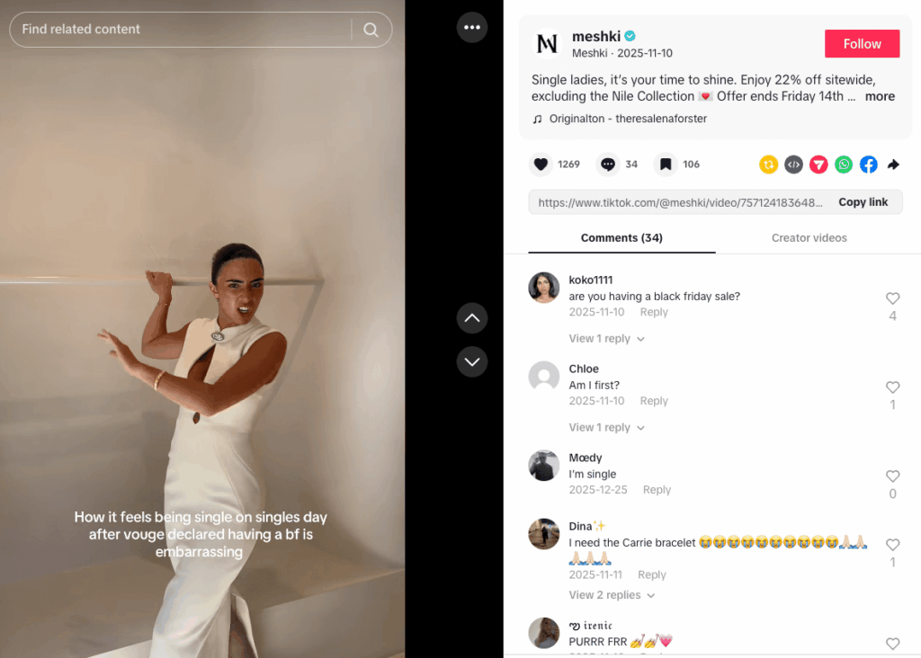 A TikTok post about Meshki’s Singles’ Day sale, paired with a video showing how good it feels to not have a boyfriend after Vogue said it was embarrassing.