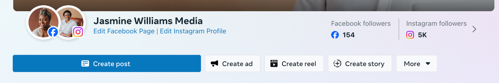The top navigation bar of Meta Business Suite features options to create posts, ads, reels, stories and more.