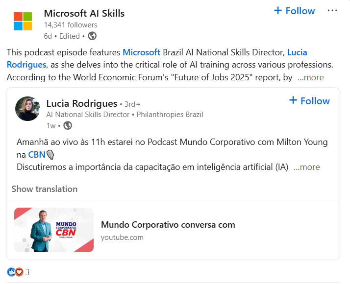 A post from Microsoft AI Skills LinkedIn account sharing educational content for its audience segment.