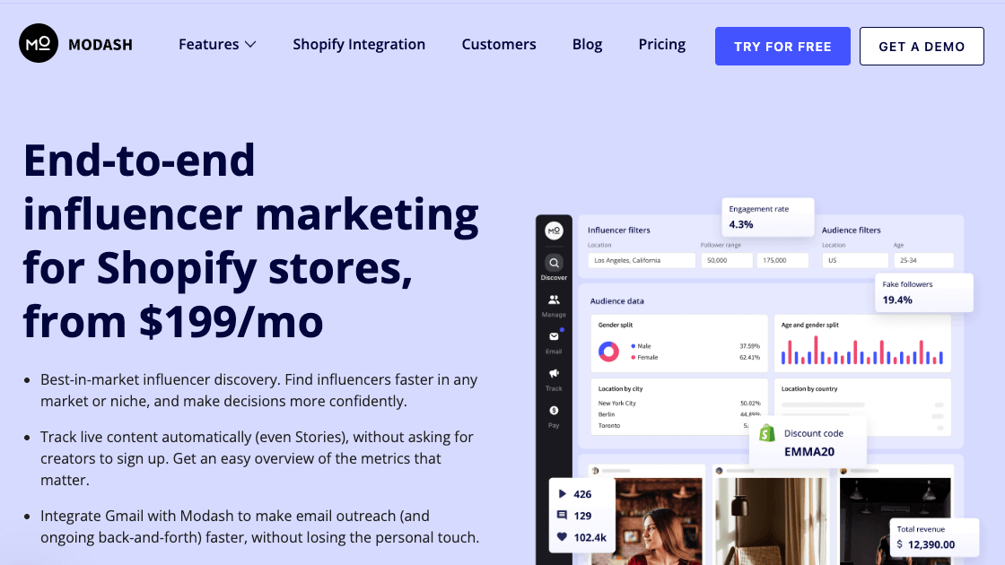 Modash influencer marketing tool homepage