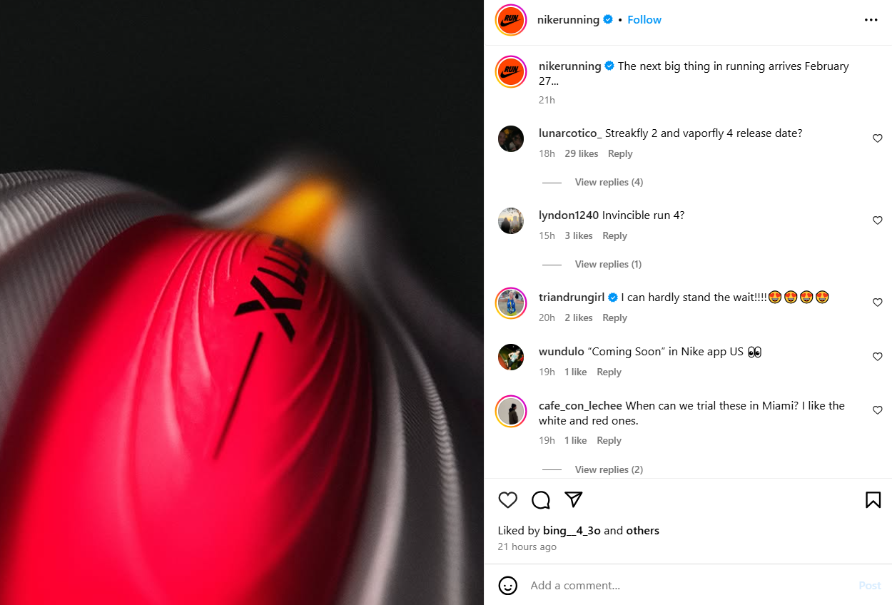 Nike's Instagram account focusing on running-related content.