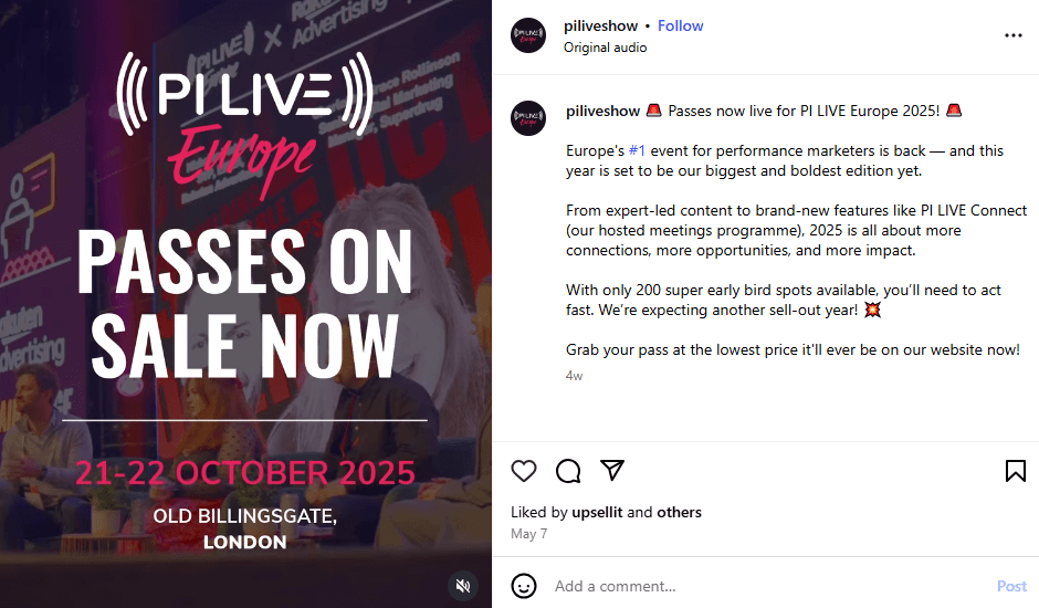 An Instagram social post promoting the sale commencement for PI Live Europe passes