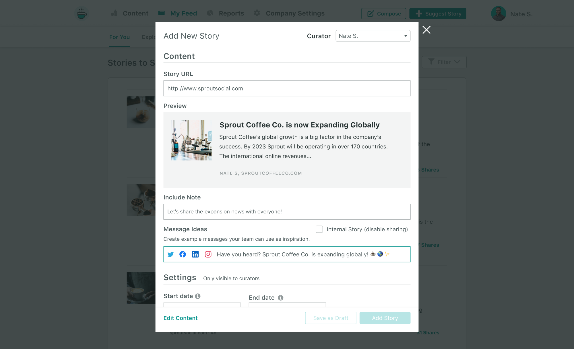 A preview of Sprout's Employee Advocacy Program on how to add a new story.