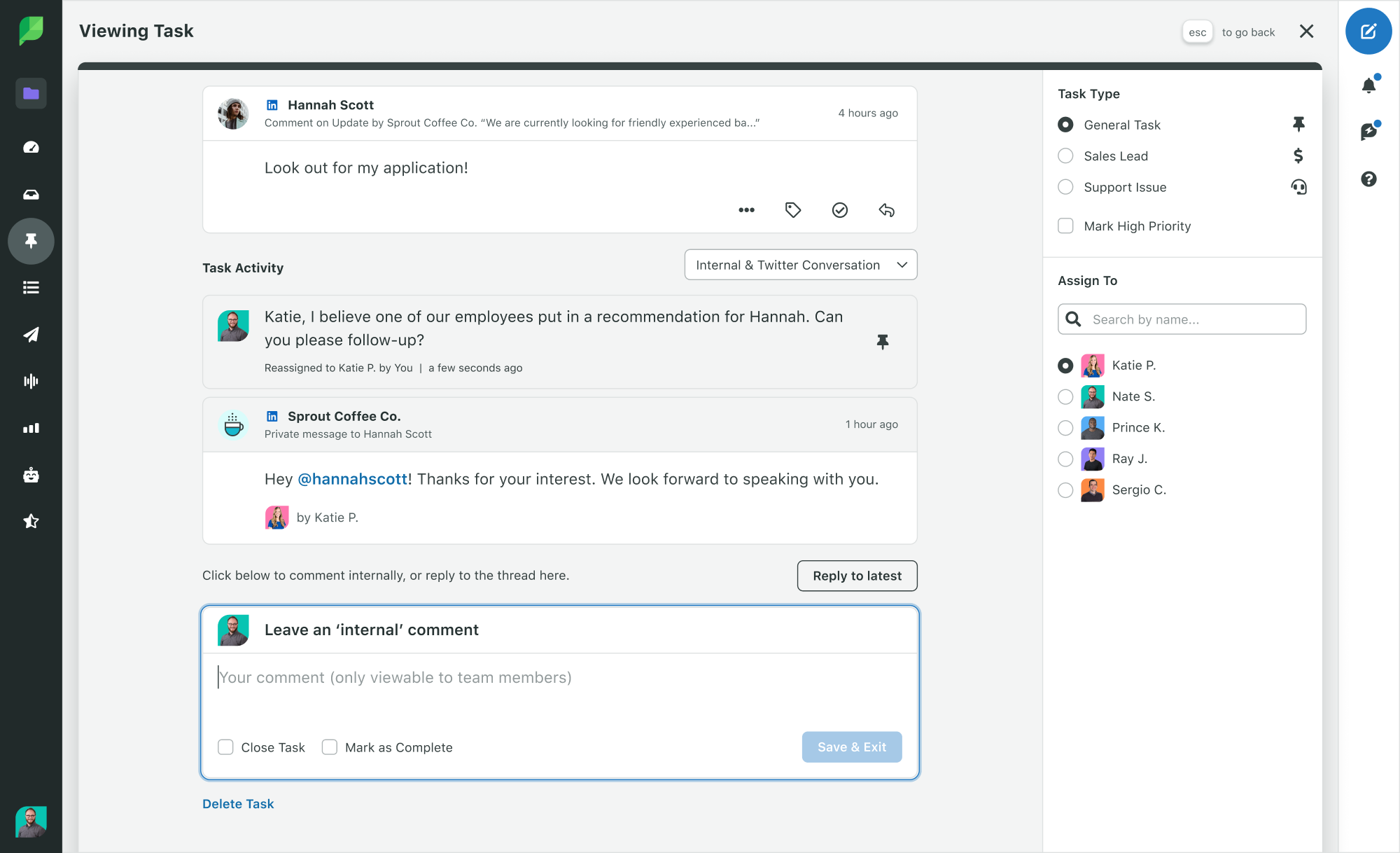 Sprout Social Product Image of Engagement Tasks with LinkedIn Activity History.