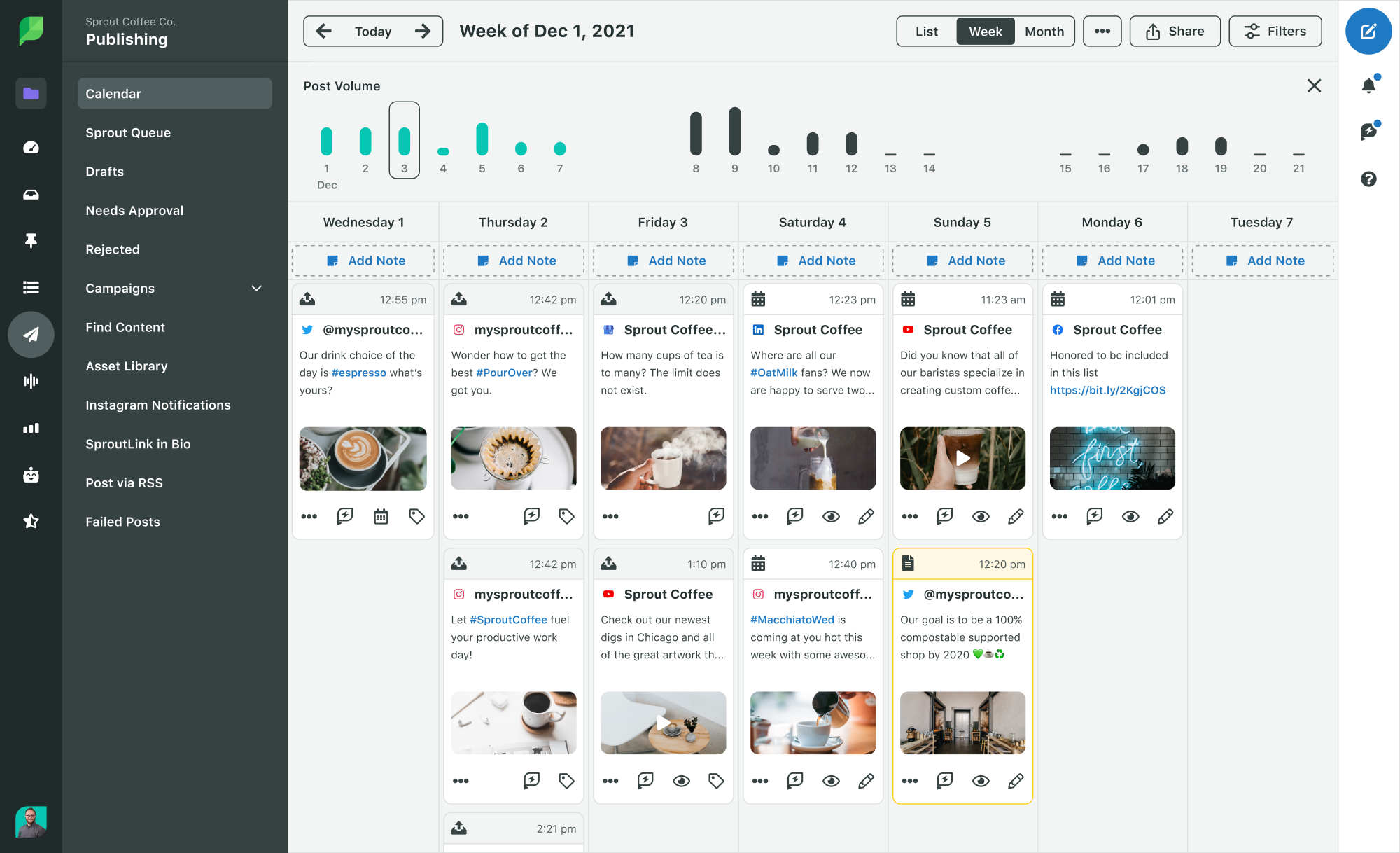 calendar week view of a sample publishing schedule on Sprout Social