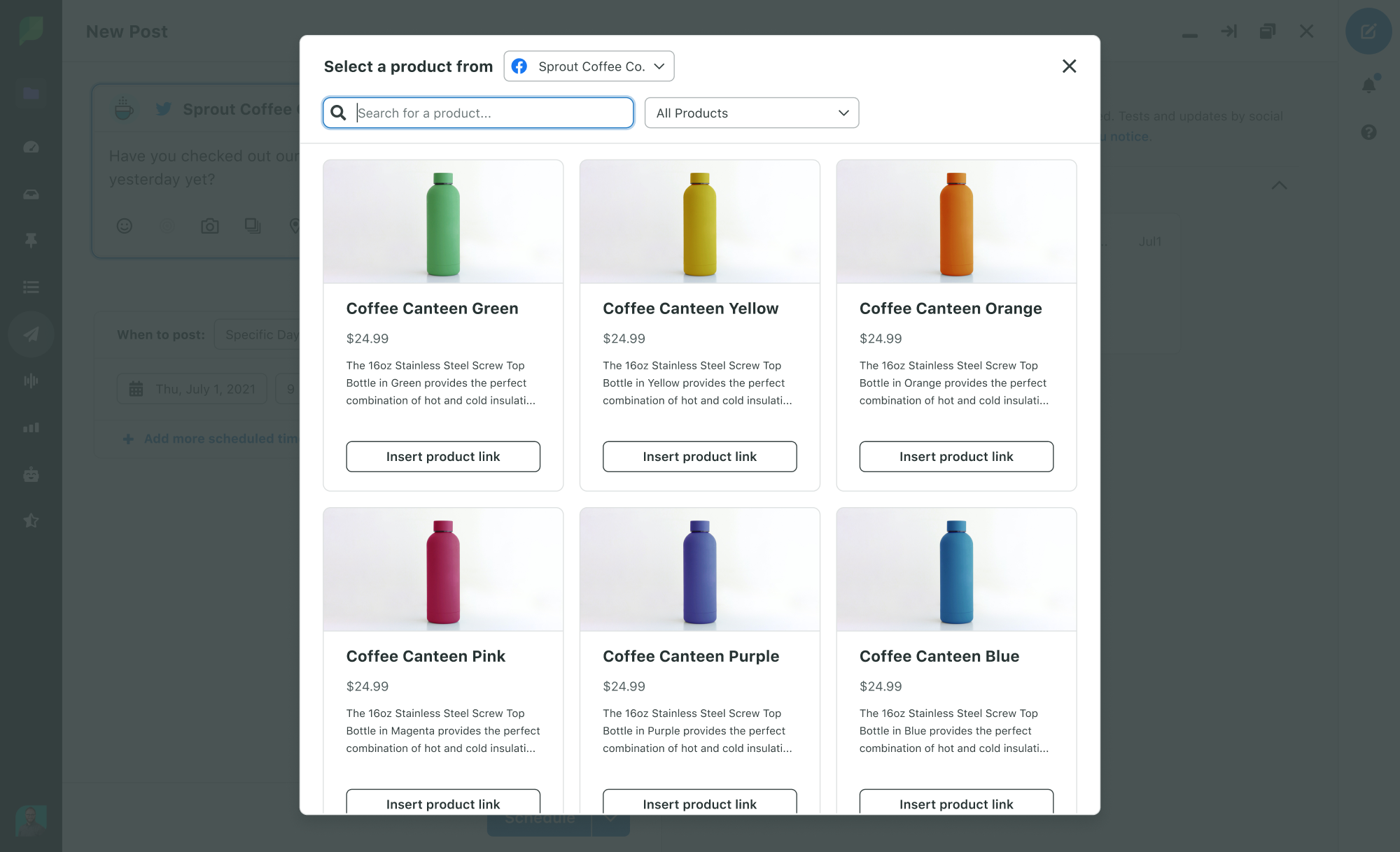 Sprout Social's social commerce catalog feature, displaying items available for sale in a brand's Facebook Shop.