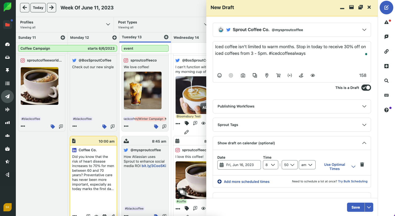 Sprout Social Product Image of Publishing Calendar List View with LinkedIn Targeting Compose.