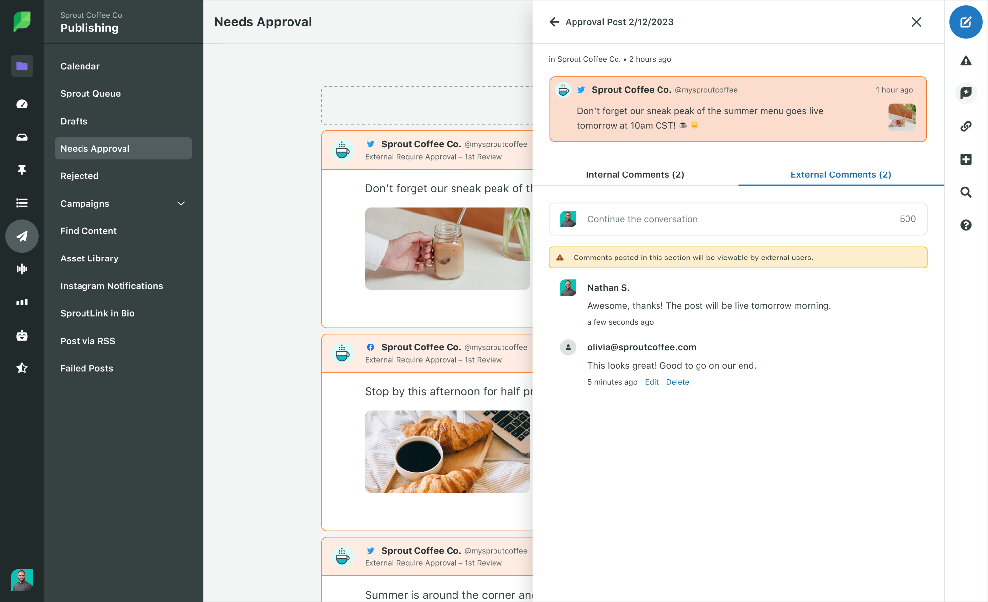 Social media posts in Sprout Social that need approval. Internal reviewer and external reviewer comments have been added to the posts.