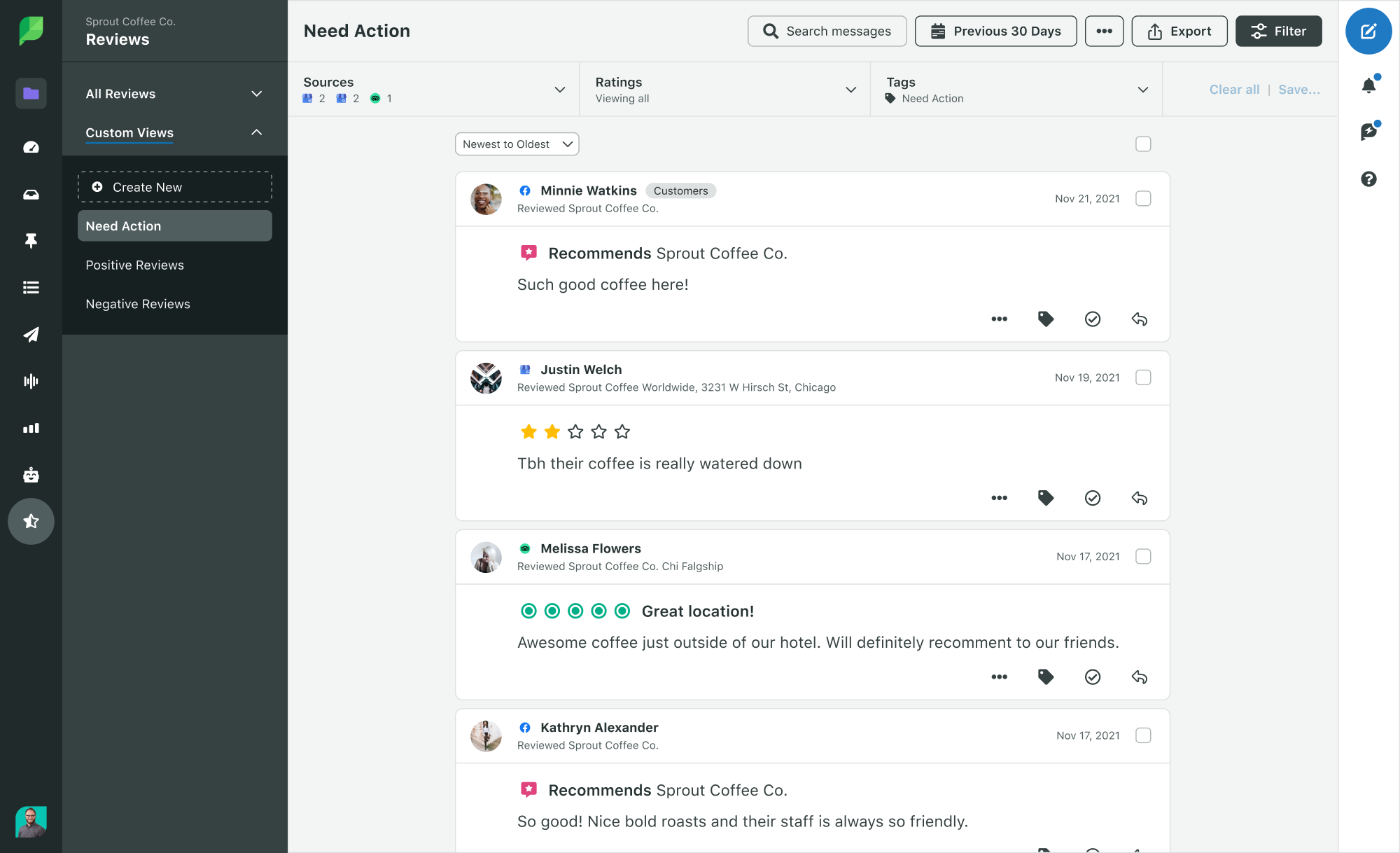 Sprout Social Custom Reviews dashboard featuring reviews from Facebook, Google and TripAdvisor that need responses.