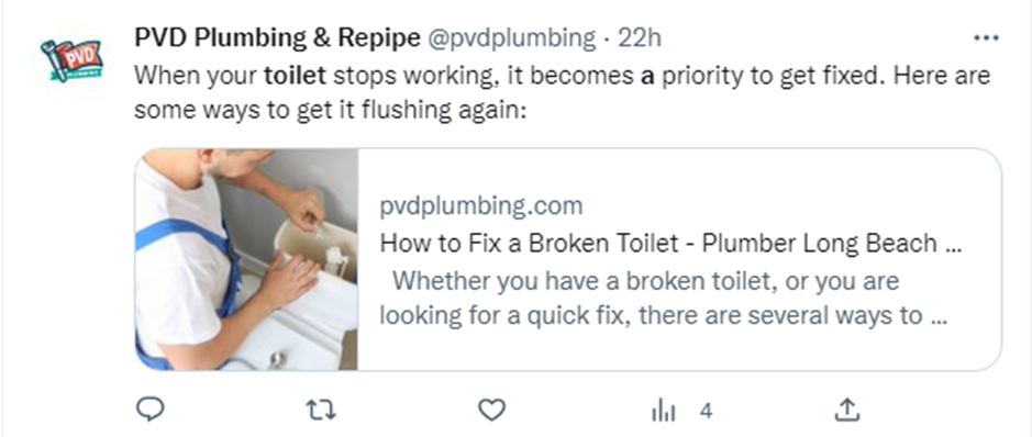 Screenshot of a Tweet from PVD Plumbing & Repipe sharing a blog post on how to fix a broken toilet.