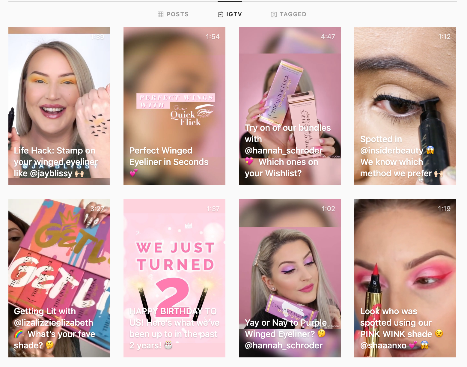 Screenshot of Quick Flick's IGTV feed highlighting tutorials featuring their product.