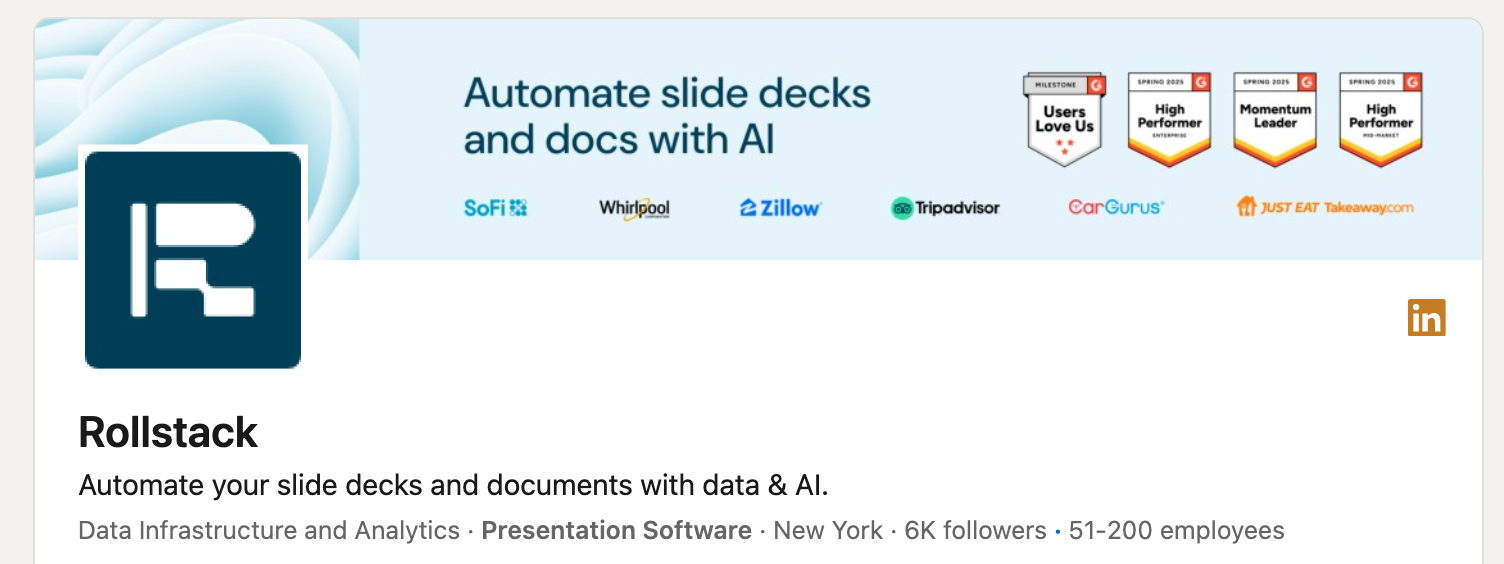 A screenshot of Rollstack's LinkedIn header showing notable client logos.