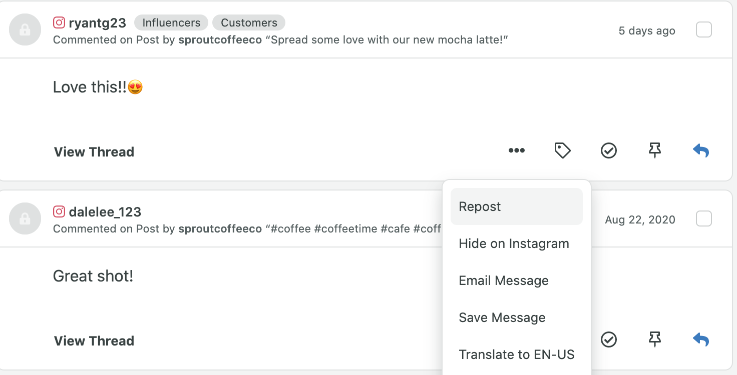 Sprout Social drop down for language translation.