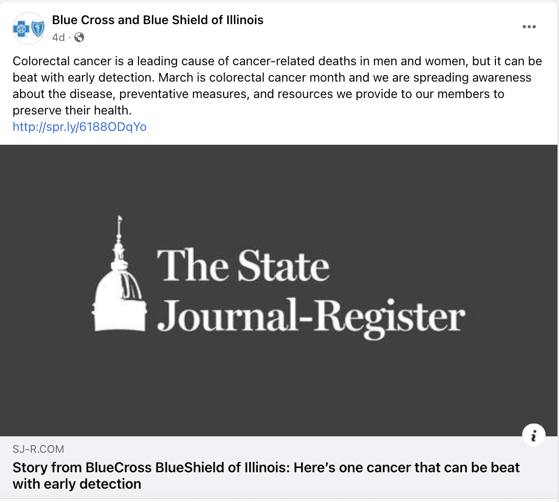 A Facebook post from BlueCross BlueShield of Illinois about colorectal cancer.