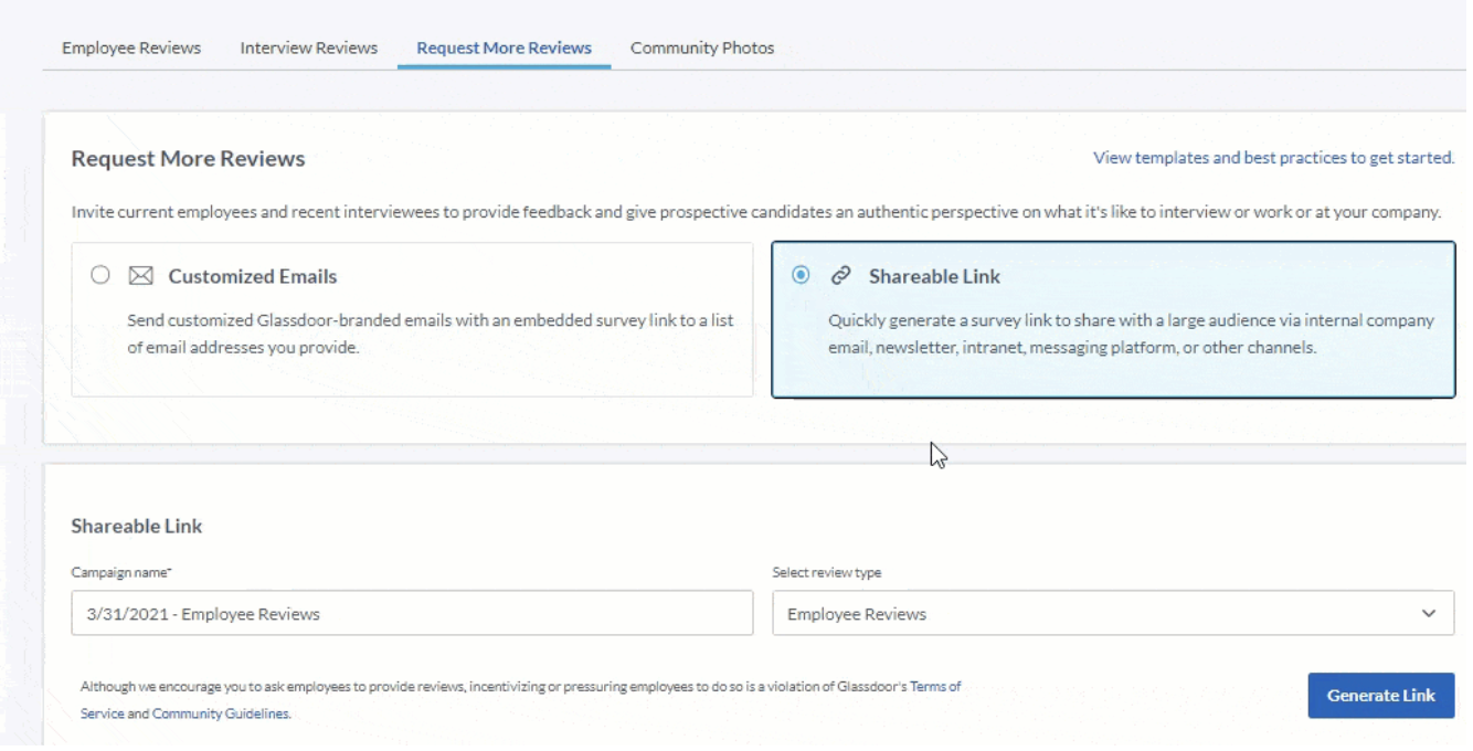 A screenshot showing how to request reviews on Glassdoor, whether it's via customized emails or through a shareable link.