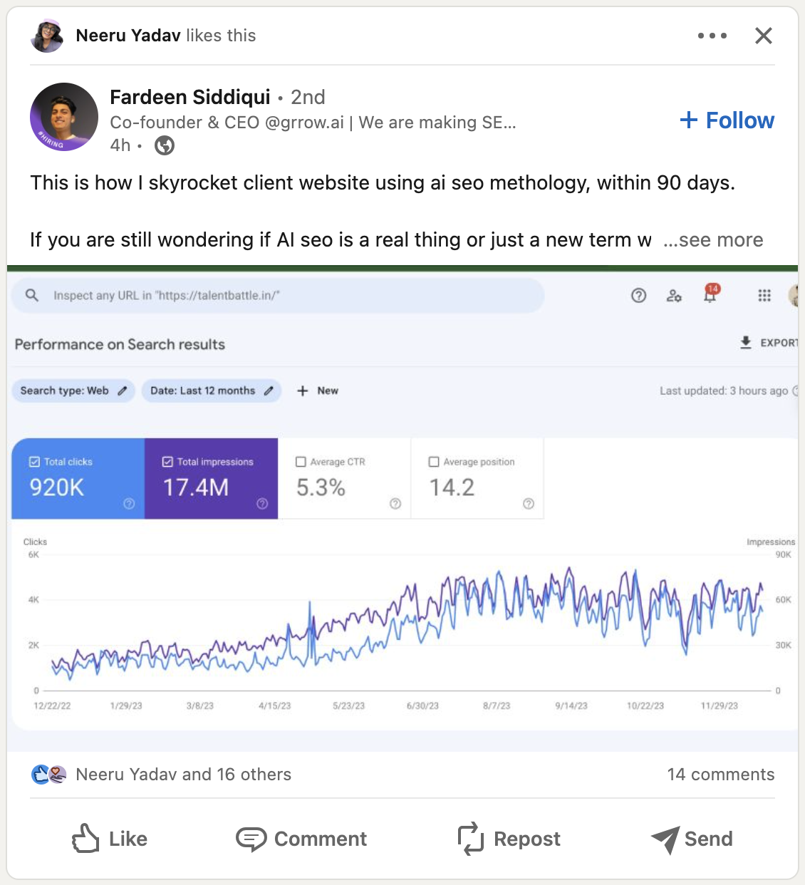 A screenshot of a LinkedIn post from user Fardeen Siddiqui